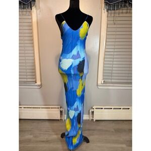 Blue Pleated Maxi Dress S Bodycon Spaghetti Strap Abstract Print Y2K Sexy